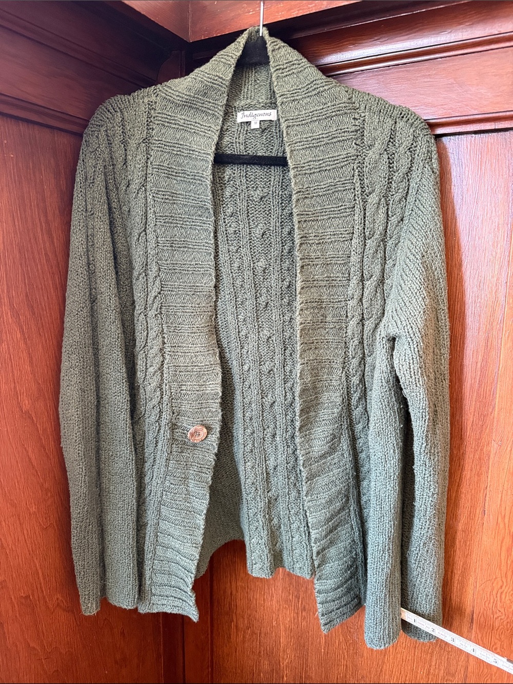 Indigenous Olive Cable-Knit Shawl Collar Cardigan 100% Cotton